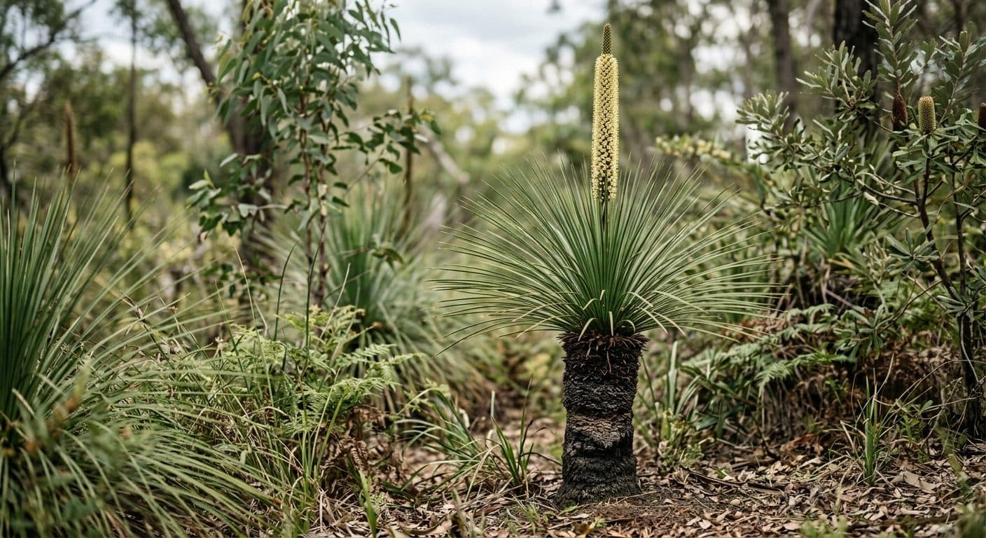 A sculptural Australian grass tree (Xanthorrhoea) with a dark trunk and a fountain of fine green foliage in a Brisbane garden detail