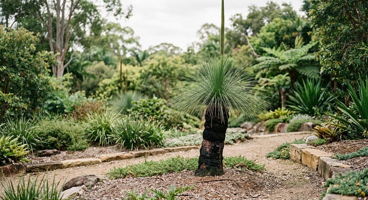 A sculptural Australian grass tree (Xanthorrhoea) with a dark trunk and a fountain of fine green foliage in a Brisbane garden