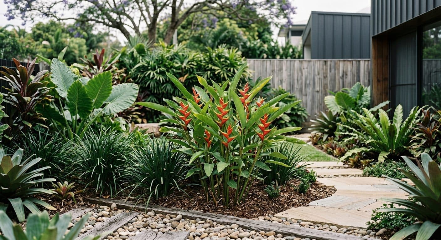 Waxy red and yellow lobster-claw heliconia flower heads above broad tropical leaves in a Brisbane garden in a Brisbane garden setting