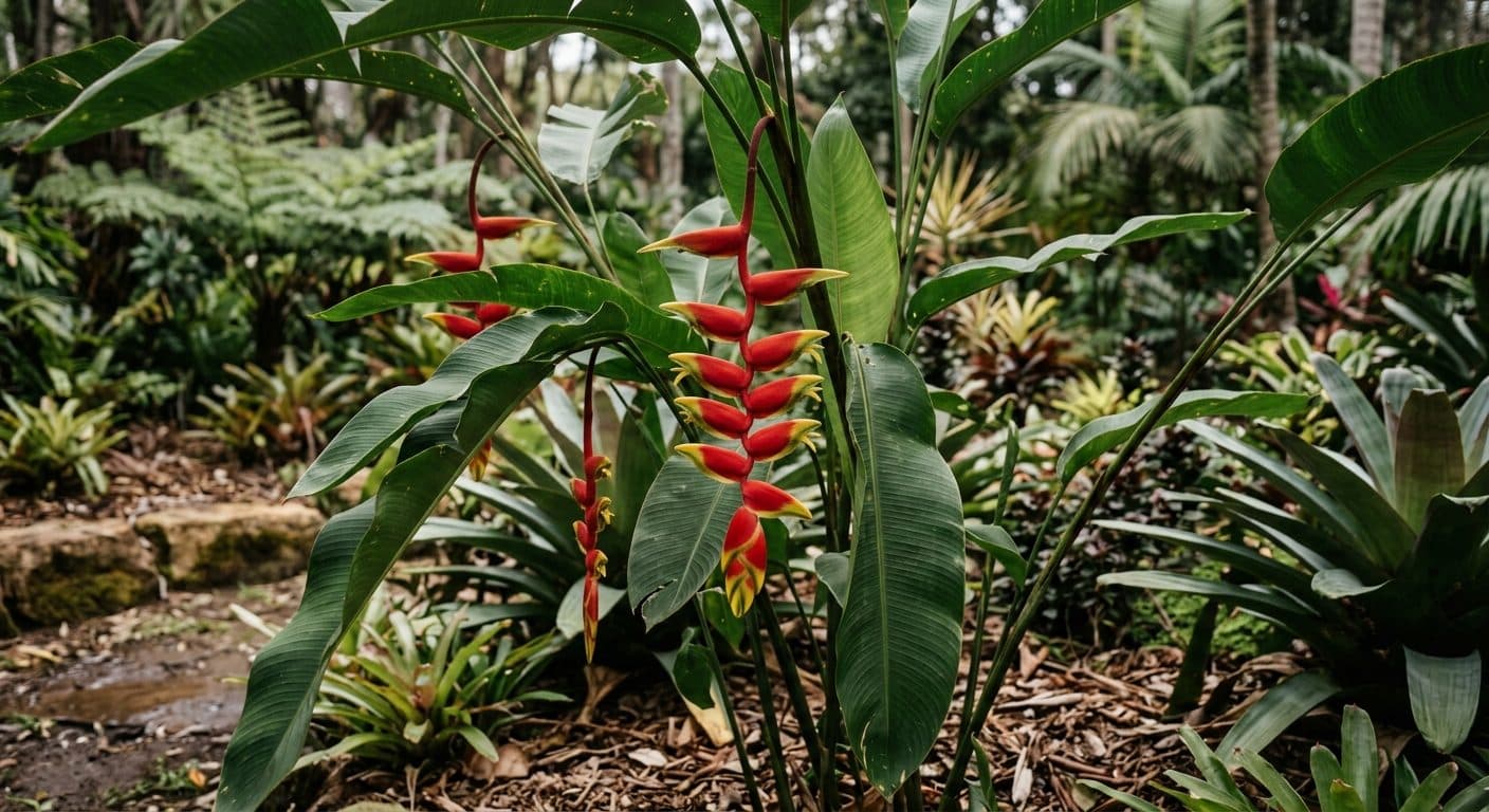 Waxy red and yellow lobster-claw heliconia flower heads above broad tropical leaves in a Brisbane garden detail