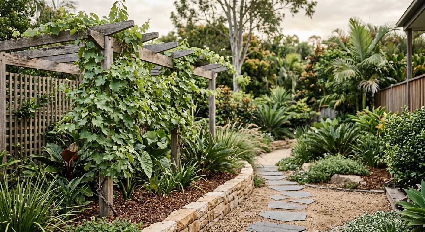 An ornamental grape vine with broad green leaves trained over a timber pergola in a Brisbane garden in a Brisbane garden setting