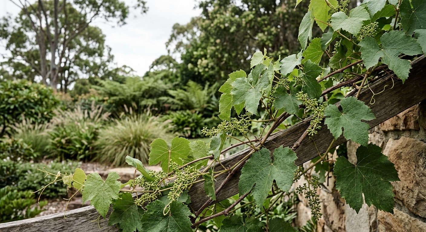 An ornamental grape vine with broad green leaves trained over a timber pergola in a Brisbane garden detail