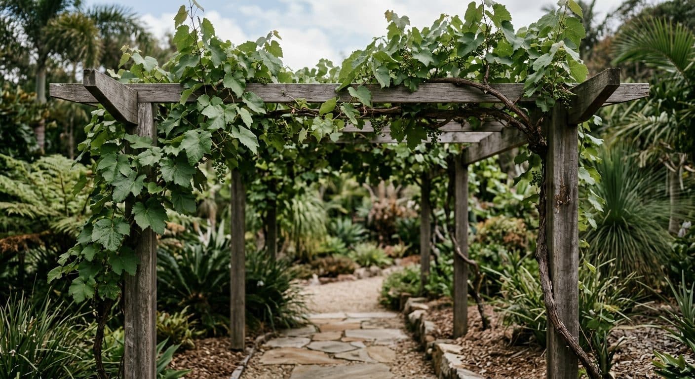 An ornamental grape vine with broad green leaves trained over a timber pergola in a Brisbane garden