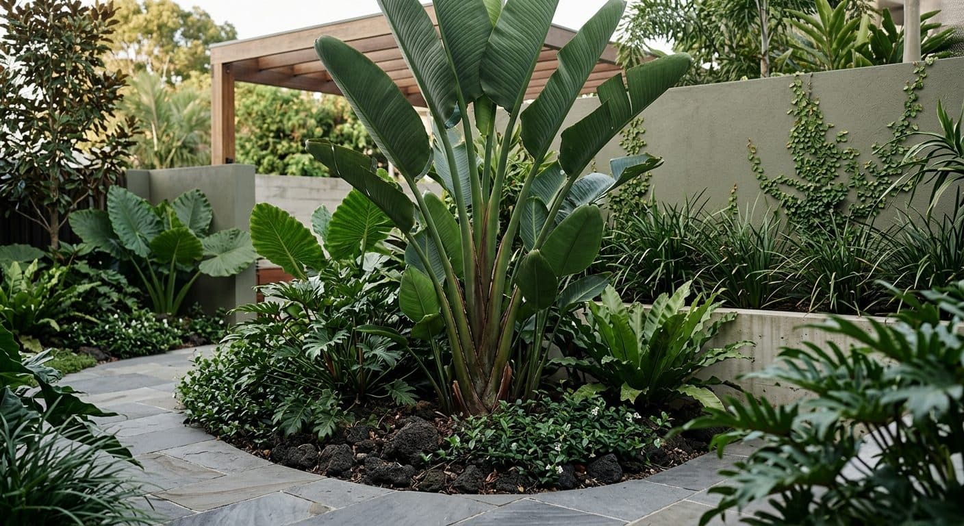 A tall clump of giant bird of paradise (Strelitzia nicolai), banana-like paddle leaves and white-and-blue crane flowers, screening a timber fence line along the back boundary of a Brisbane garden, well clear of any building in a Brisbane garden setting