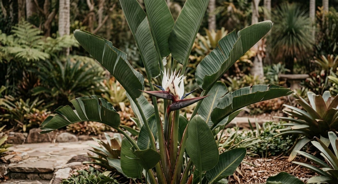 A tall clump of giant bird of paradise (Strelitzia nicolai), banana-like paddle leaves and white-and-blue crane flowers, screening a timber fence line along the back boundary of a Brisbane garden, well clear of any building detail