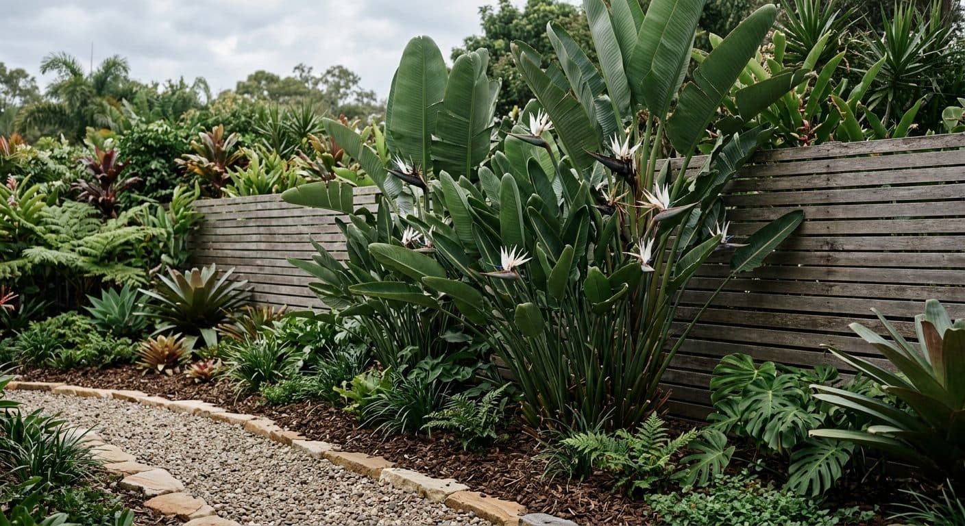 A tall clump of giant bird of paradise (Strelitzia nicolai), banana-like paddle leaves and white-and-blue crane flowers, screening a timber fence line along the back boundary of a Brisbane garden, well clear of any building