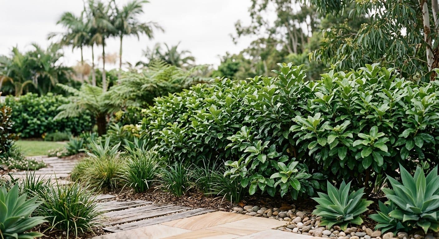 A dense, glossy dark-green sweet viburnum hedge (Viburnum odoratissimum) clipped as a screen along a Brisbane garden boundary in a Brisbane garden setting