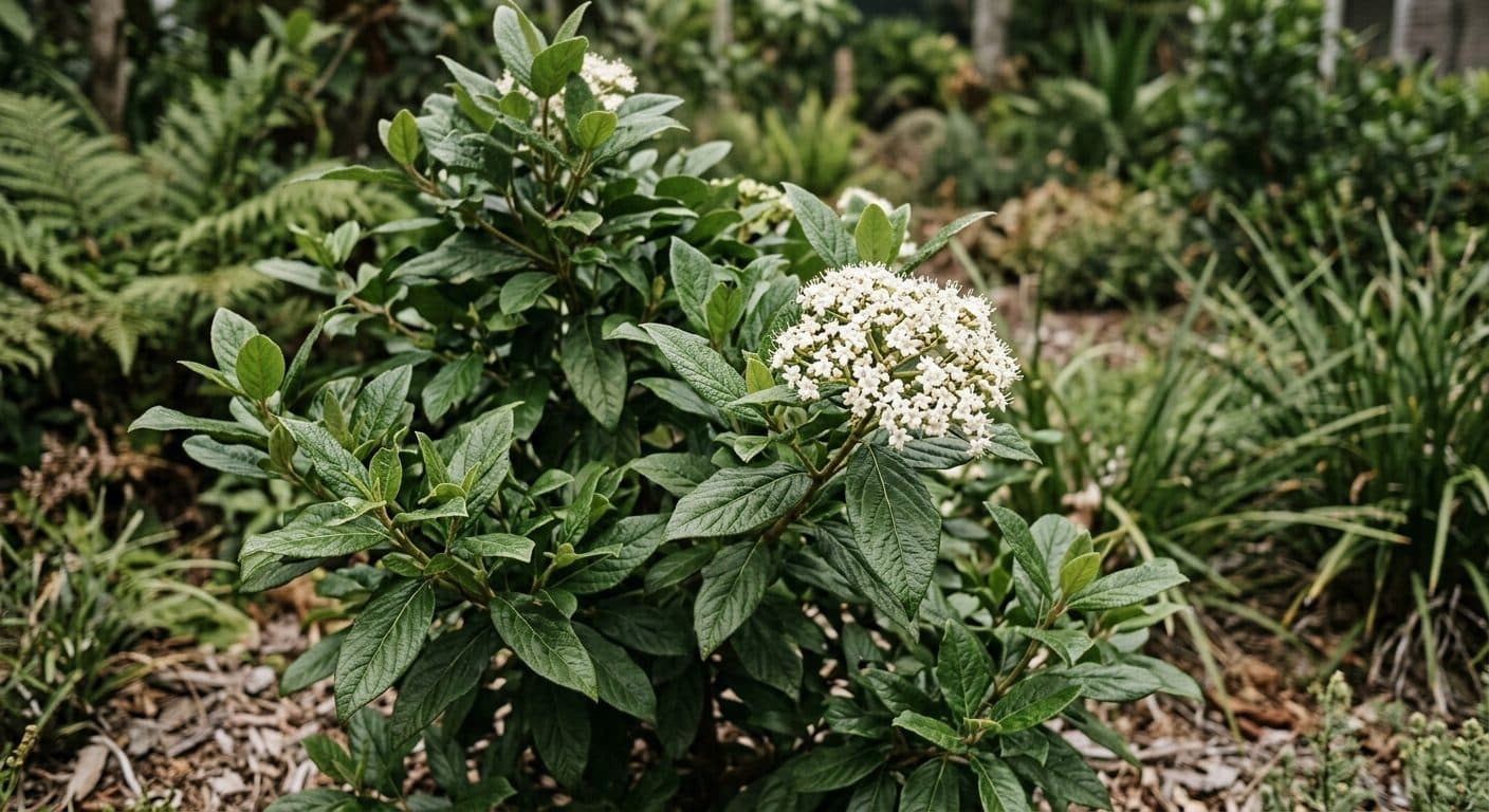 A dense, glossy dark-green sweet viburnum hedge (Viburnum odoratissimum) clipped as a screen along a Brisbane garden boundary detail