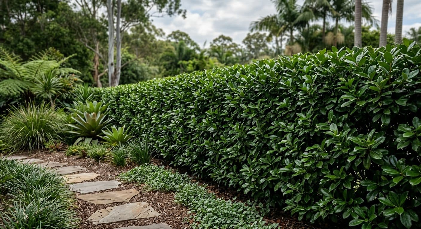 A dense, glossy dark-green sweet viburnum hedge (Viburnum odoratissimum) clipped as a screen along a Brisbane garden boundary