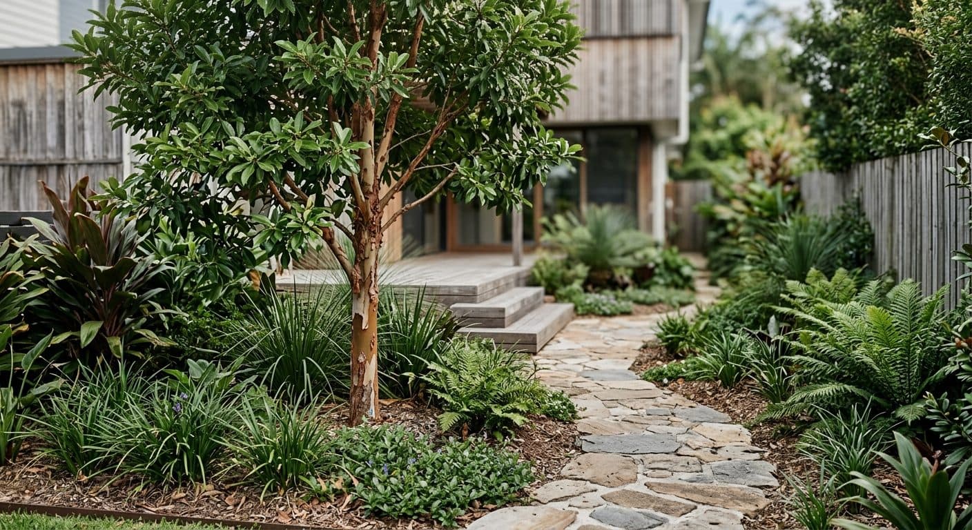 Water gum (Tristaniopsis Luscious) small tree with large glossy dark-green leaves and small yellow summer flowers in a Brisbane garden in a Brisbane garden setting