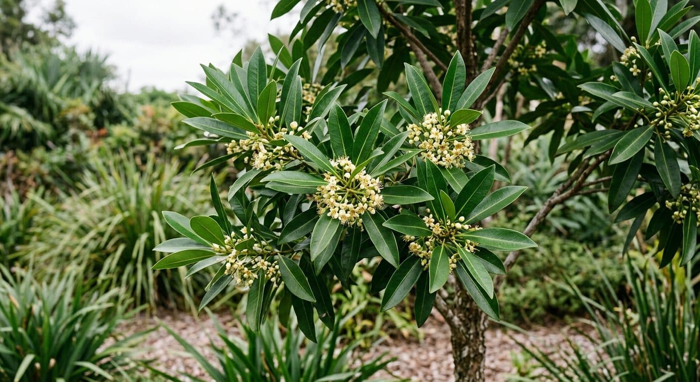 Water gum (Tristaniopsis Luscious) small tree with large glossy dark-green leaves and small yellow summer flowers in a Brisbane garden detail