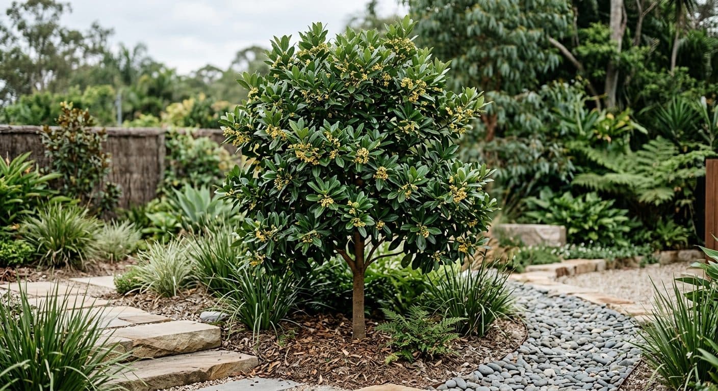 Water gum (Tristaniopsis Luscious) small tree with large glossy dark-green leaves and small yellow summer flowers in a Brisbane garden