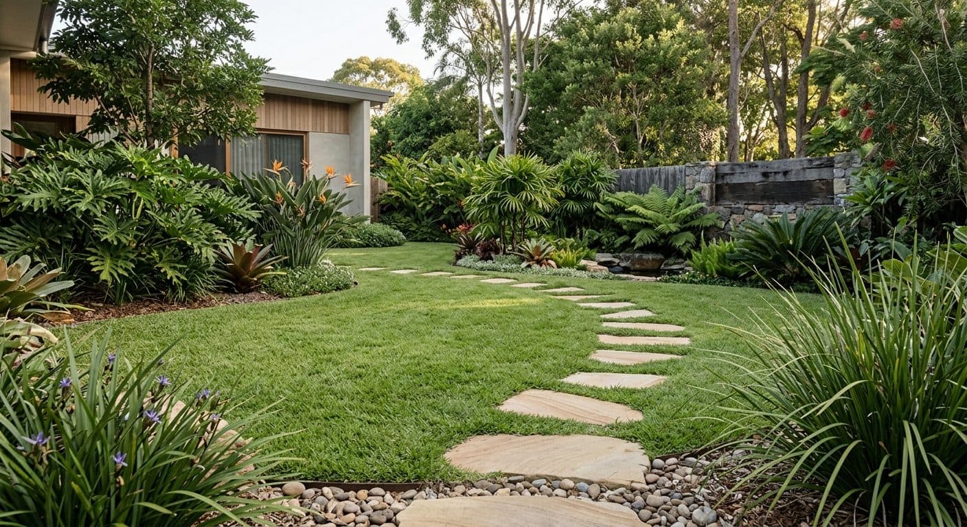 A lush, fine-bladed zoysia lawn forming a soft undulating green carpet in a sunny Brisbane garden in a Brisbane garden setting