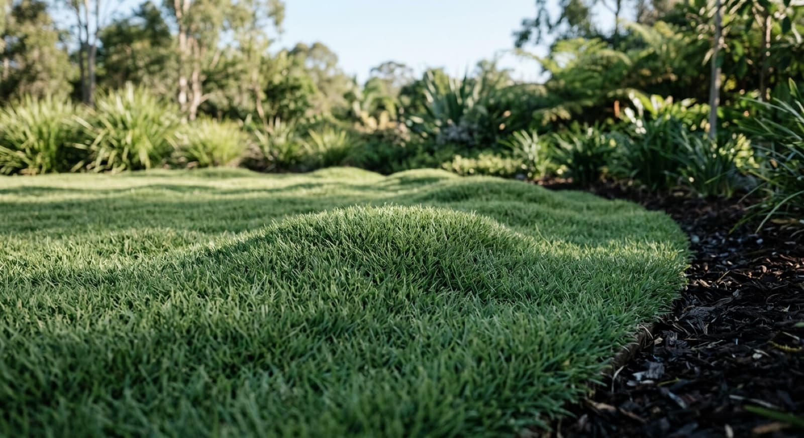 A lush, fine-bladed zoysia lawn forming a soft undulating green carpet in a sunny Brisbane garden detail