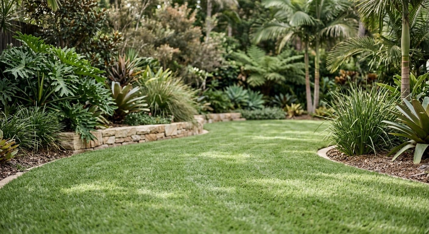 A lush, fine-bladed zoysia lawn forming a soft undulating green carpet in a sunny Brisbane garden