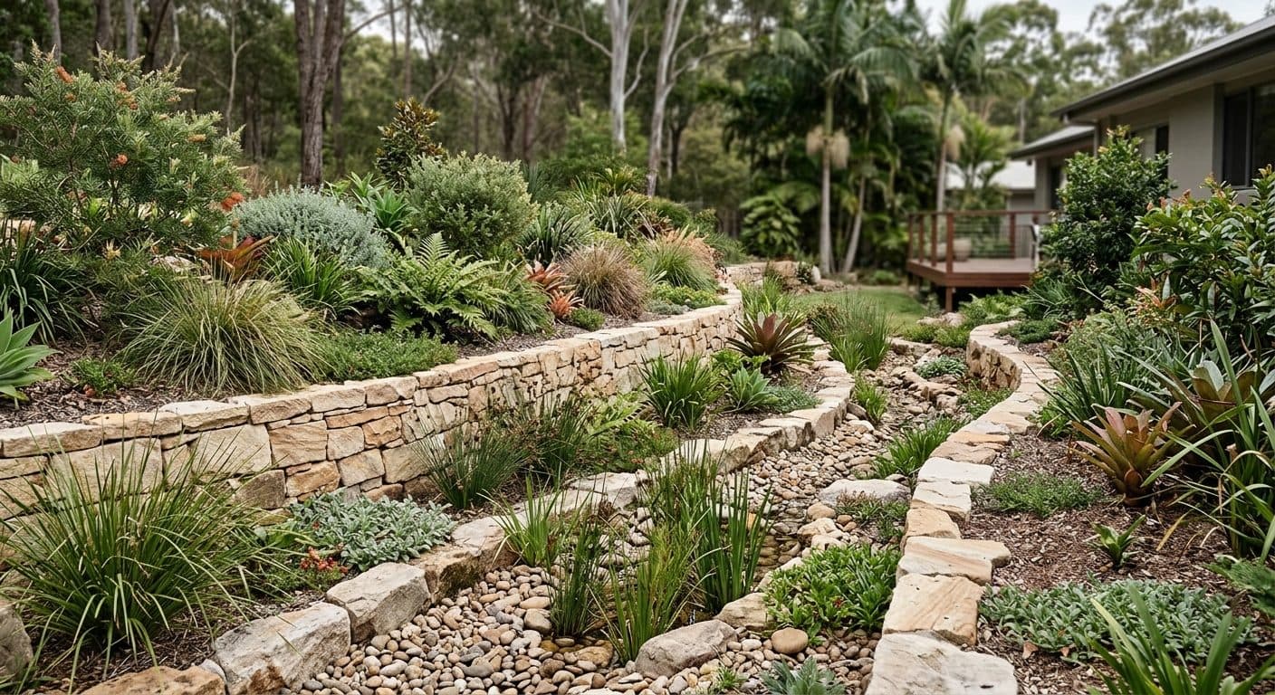 A sloping Brisbane garden with a planted swale and stone-edged channel directing stormwater between terraces, free-draining beds above a retaining wall.