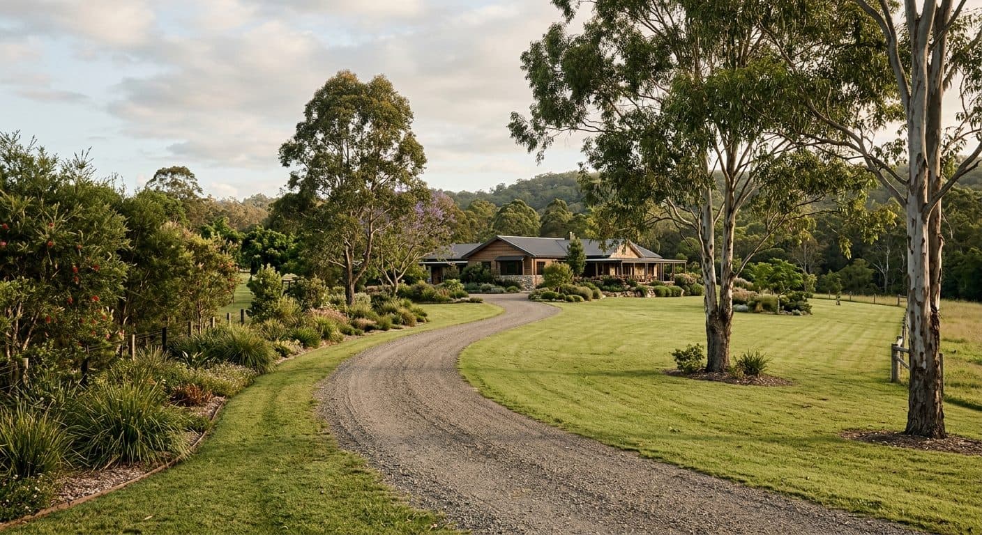 Large landscaped rural-residential acreage block on the Brisbane fringe: gravel drive curving past established shade trees, open lawn giving way to paddock edges, native screening along the boundary and the house set well back