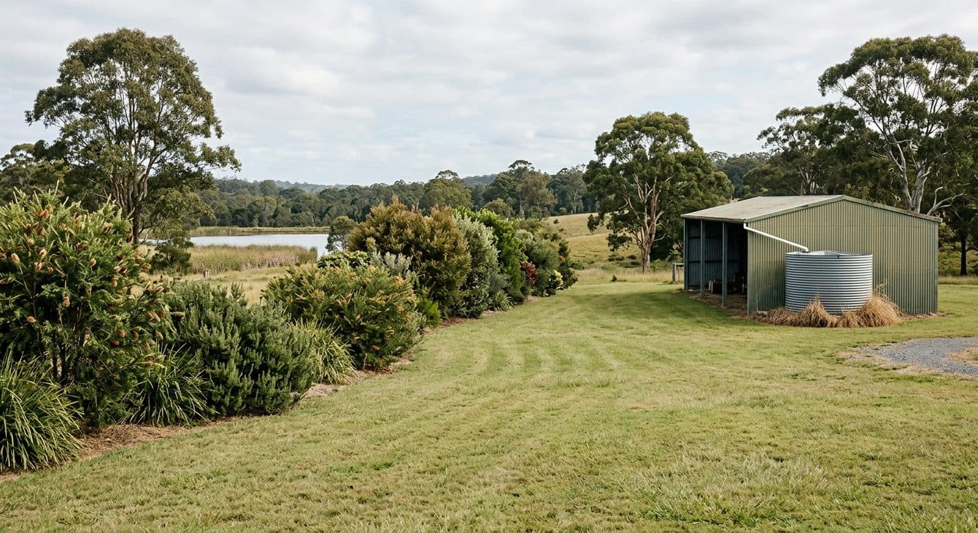 Native screening and open lawn on a Brisbane-fringe acreage property, with established shade trees, a rainwater tank beside the shed and a dam edge in the distance