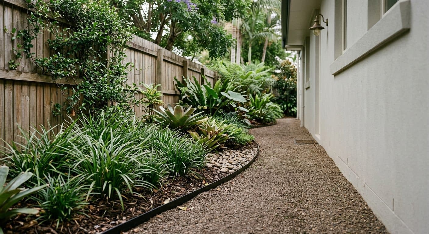 A compacted gravel side path with a clean steel edge and a slim planting strip beside a Brisbane house wall