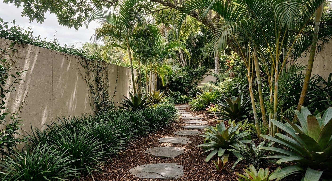 Slim golden cane palms, bromeliads and liriope along a shaded boundary wall beside a stepping-stone path in Brisbane