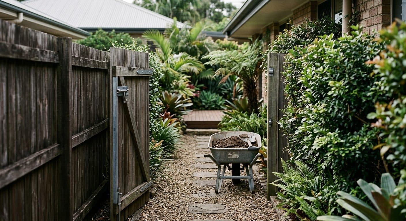 Narrow side access to an inner-Brisbane backyard where materials must be barrowed through a gate by hand