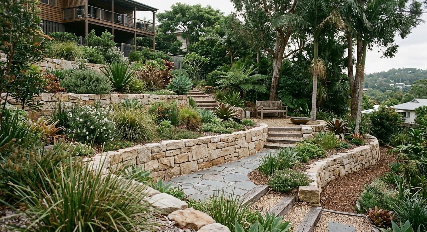 Engineered retaining walls terracing a steep Brisbane backyard into usable level garden platforms