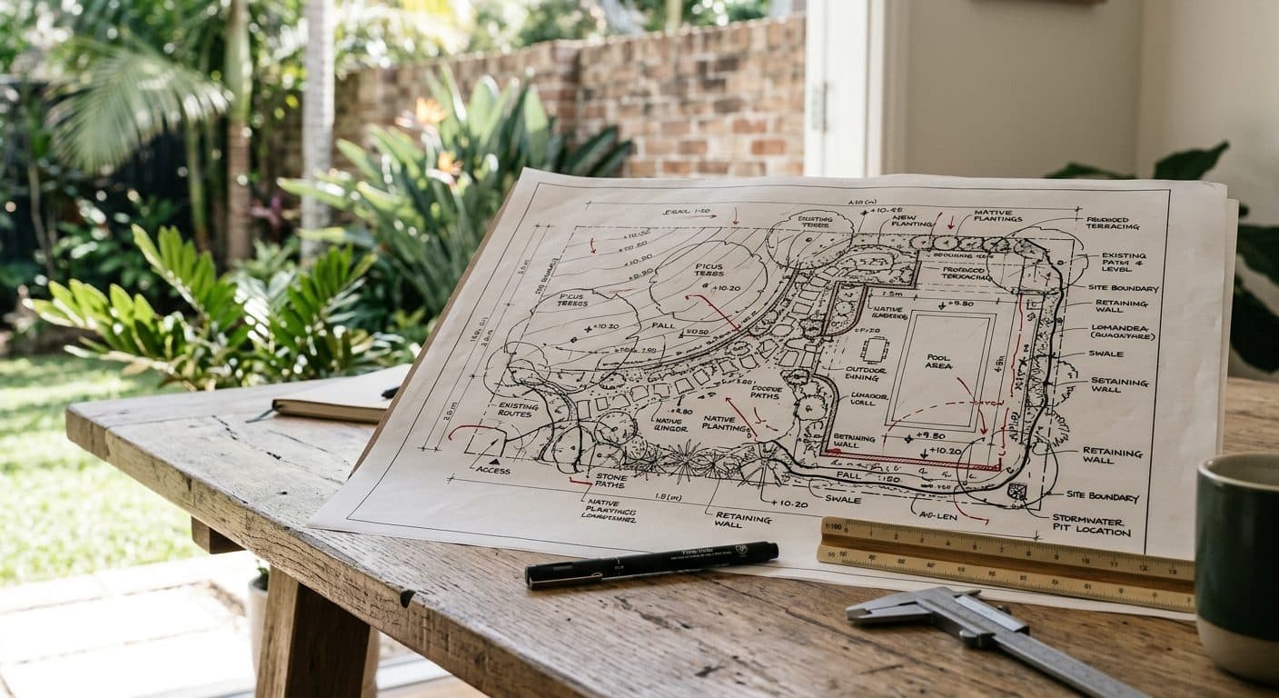Marked-up backyard site plan on a designer's desk showing access routes, levels and drainage falls
