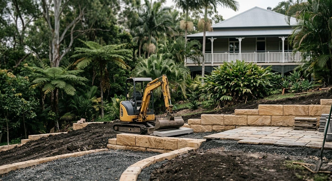 Excavator working on a sloping Brisbane backyard build with retaining walls and fresh paving