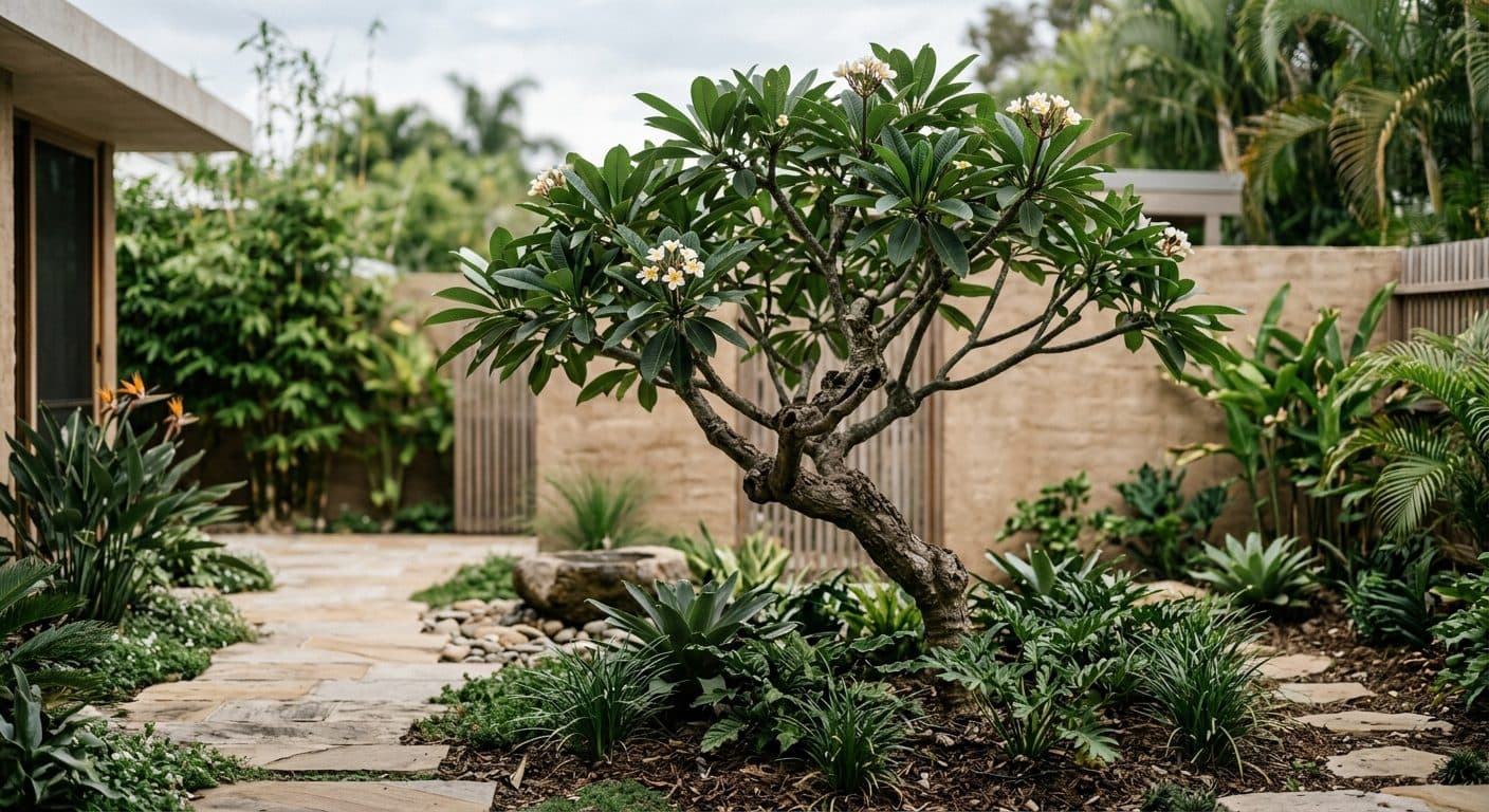 A single sculptural frangipani chosen as the one feature plant anchoring a subtropical Brisbane courtyard