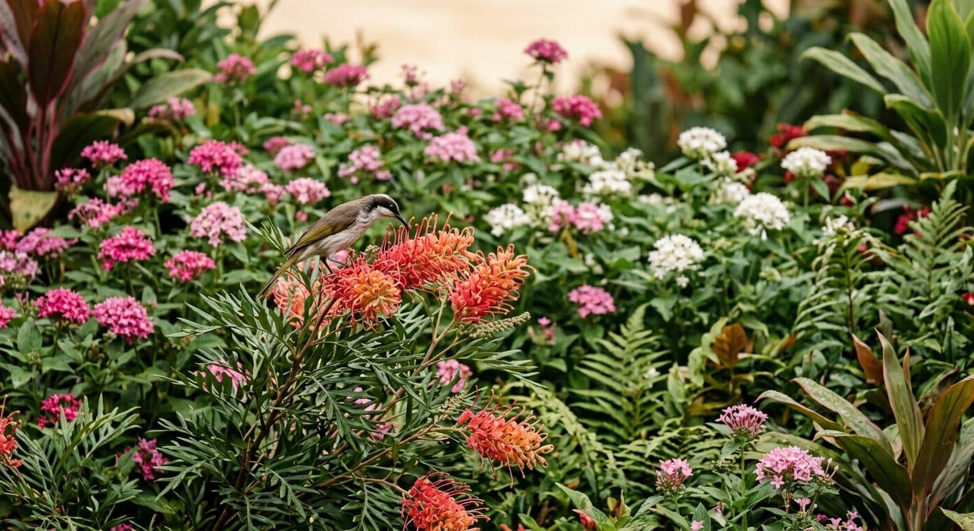 Grevillea and pentas in full flower with a honeyeater feeding in a humid Brisbane summer garden