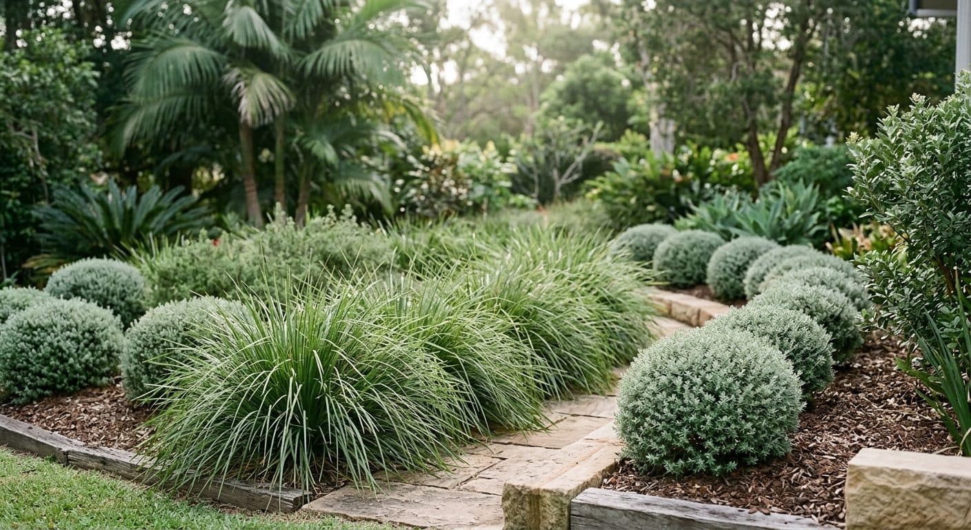 Mass-planted lomandra and clipped westringia forming the green bones of a Brisbane garden bed