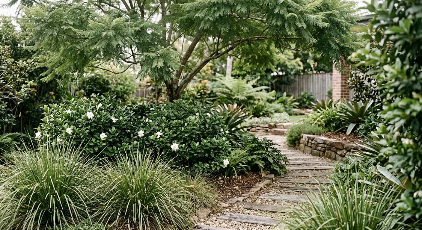 Layered subtropical planting palette of lomandra, gardenias and shade trees in a Brisbane garden