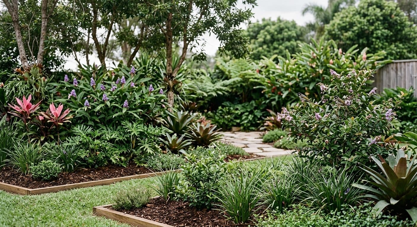 A layered Brisbane native garden with a small tree over dense flowering shrubs and a strappy ground layer, alive with small birds