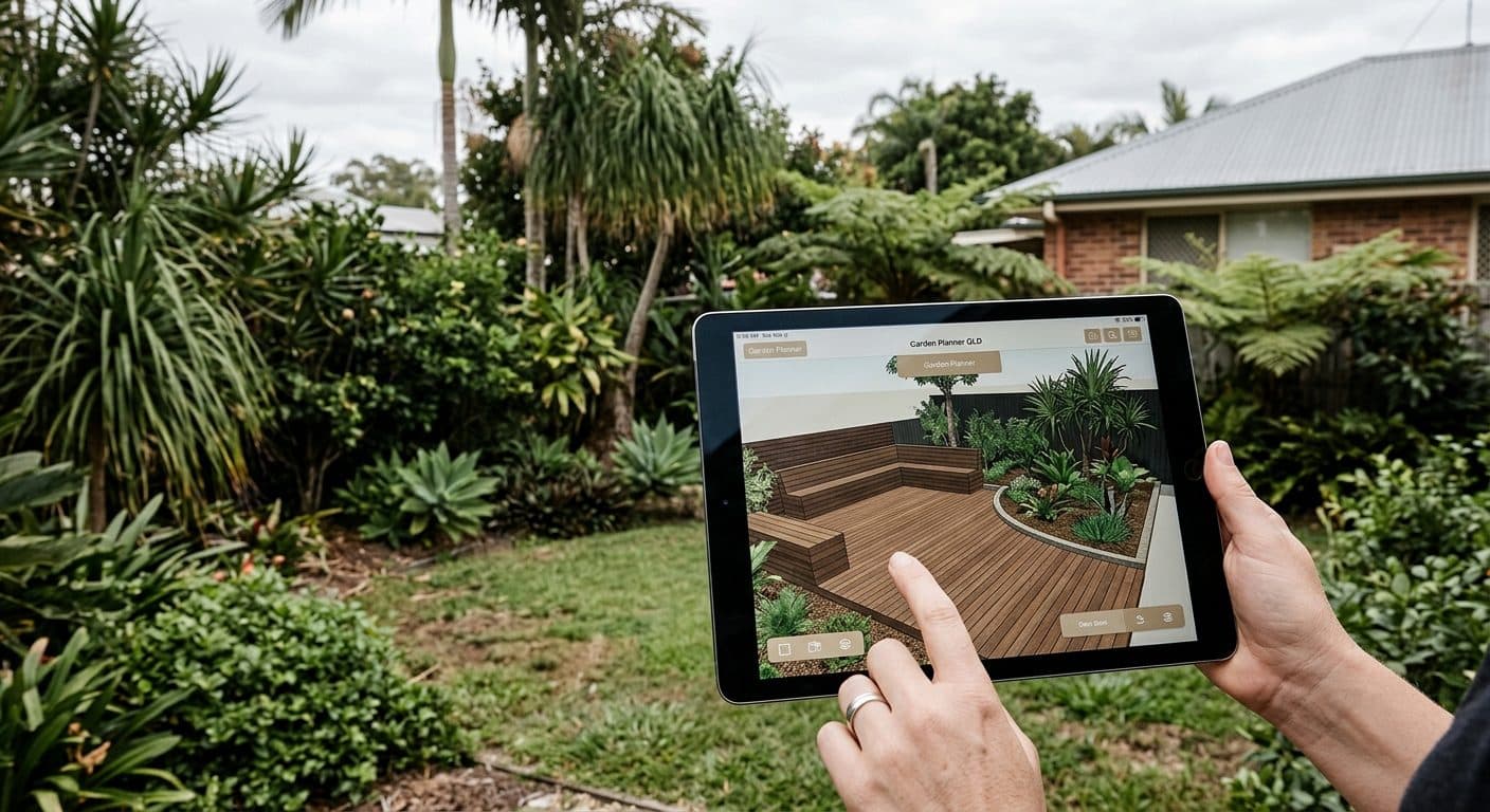 A garden design app on a tablet overlaying a proposed deck and curved bed onto a photo of a backyard