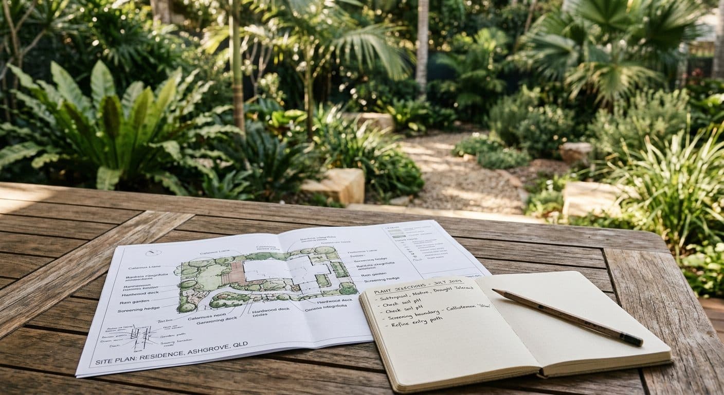A printed garden site plan and a notebook resting on a timber outdoor table in a sunny Brisbane backyard, the planted garden visible behind