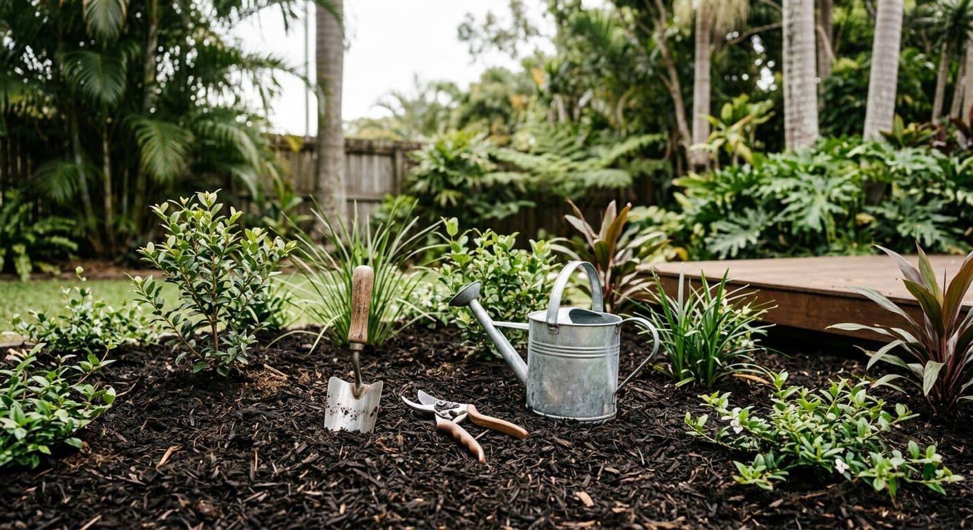 A flat, well-drained Brisbane garden bed freshly planted out with young shrubs and groundcovers, hand tools and a watering can resting on the mulch