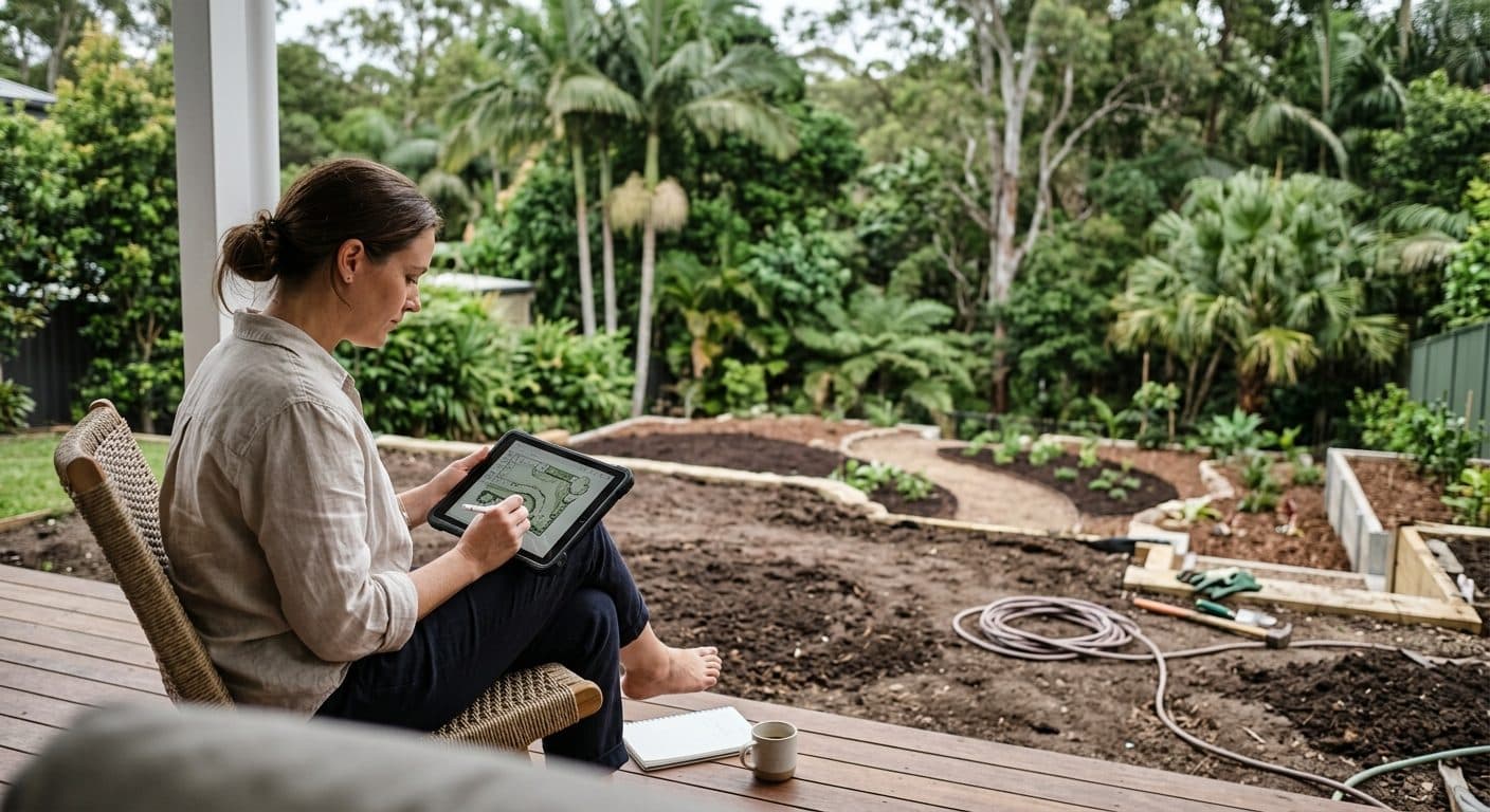 Homeowner sketching garden ideas on a tablet beside a bare Brisbane backyard ready for planting