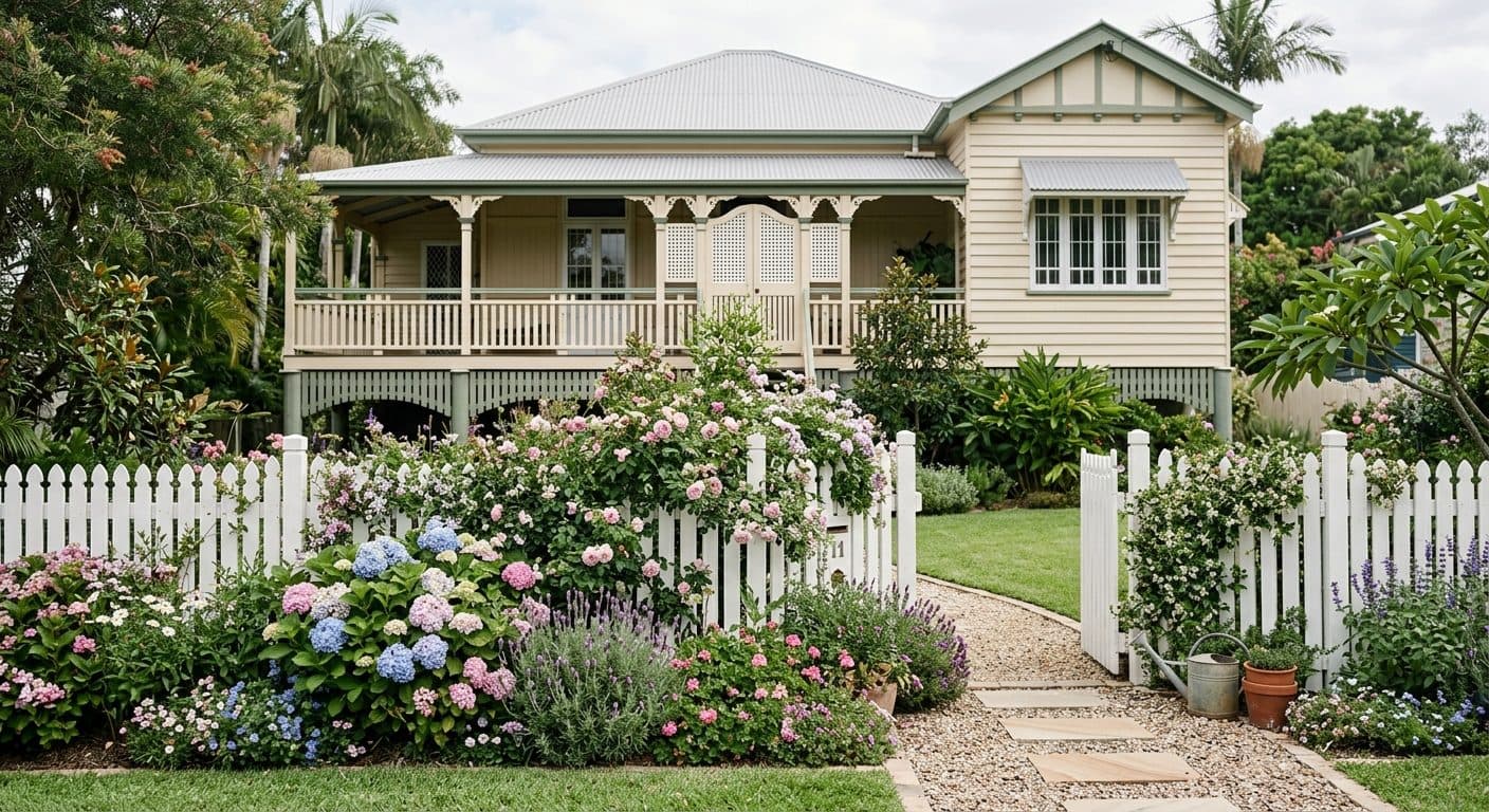 Soft cottage planting billowing over a picket fence in front of a timber Queenslander in Brisbane