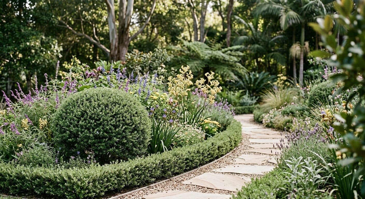 A clipped westringia ball and neat path edge giving structure to a loose cottage border in Brisbane