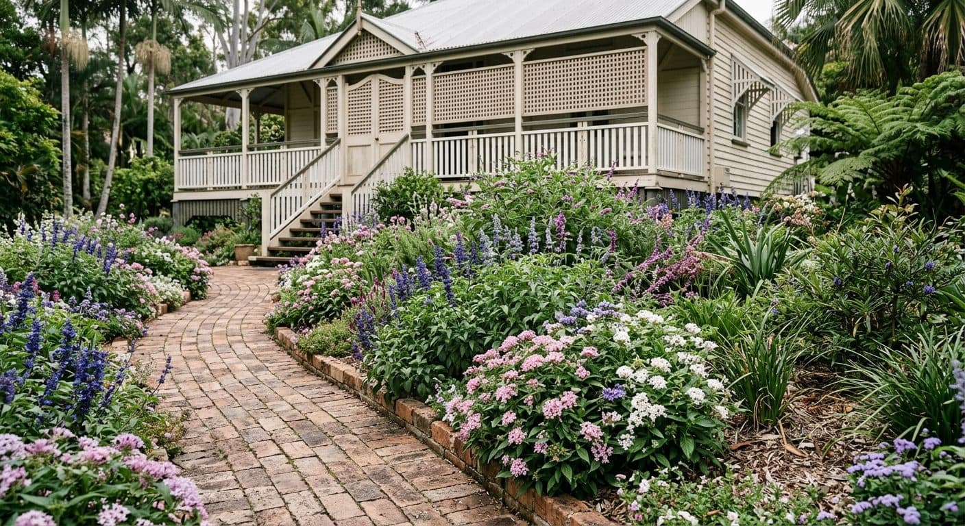 Soft cottage border of salvias and pentas spilling onto a brick path by a timber Queenslander