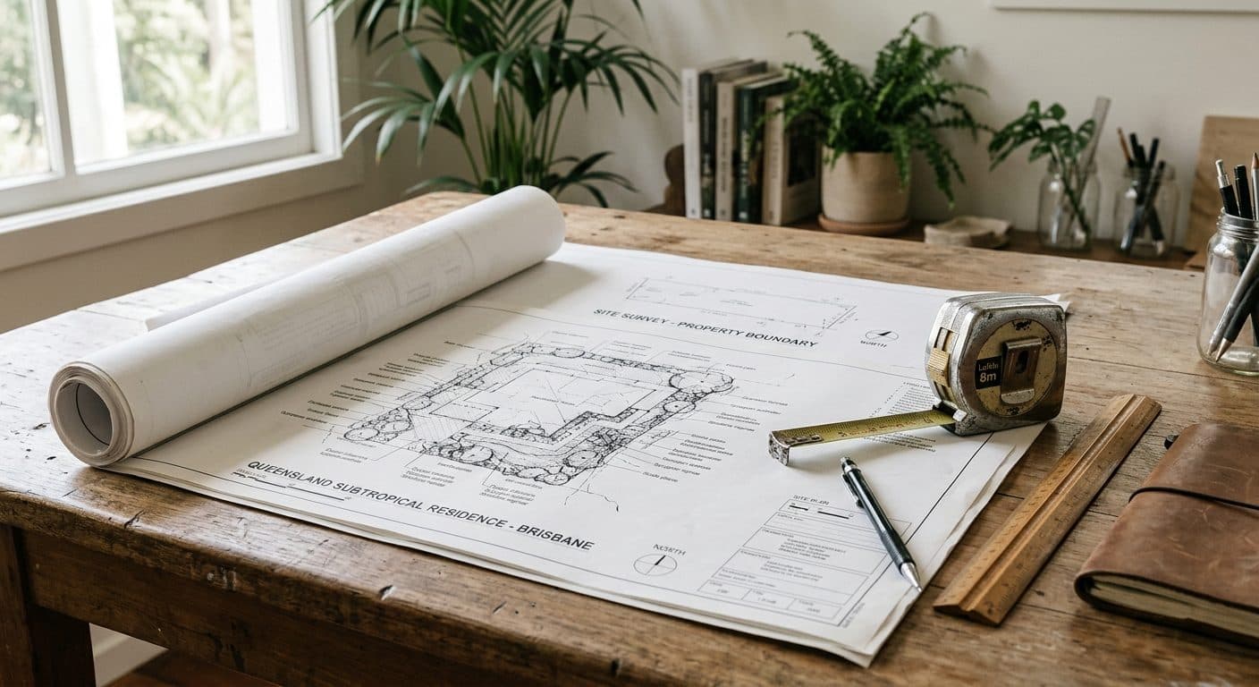 Landscape construction plans and a site survey spread across a desk beside a builder's tape measure