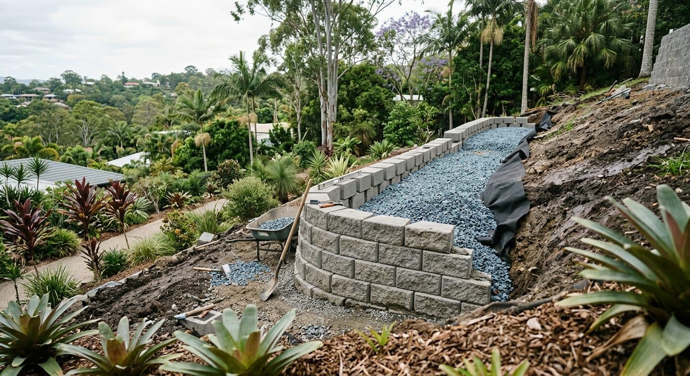 A block retaining wall under construction on a sloping Brisbane site with drainage aggregate behind it