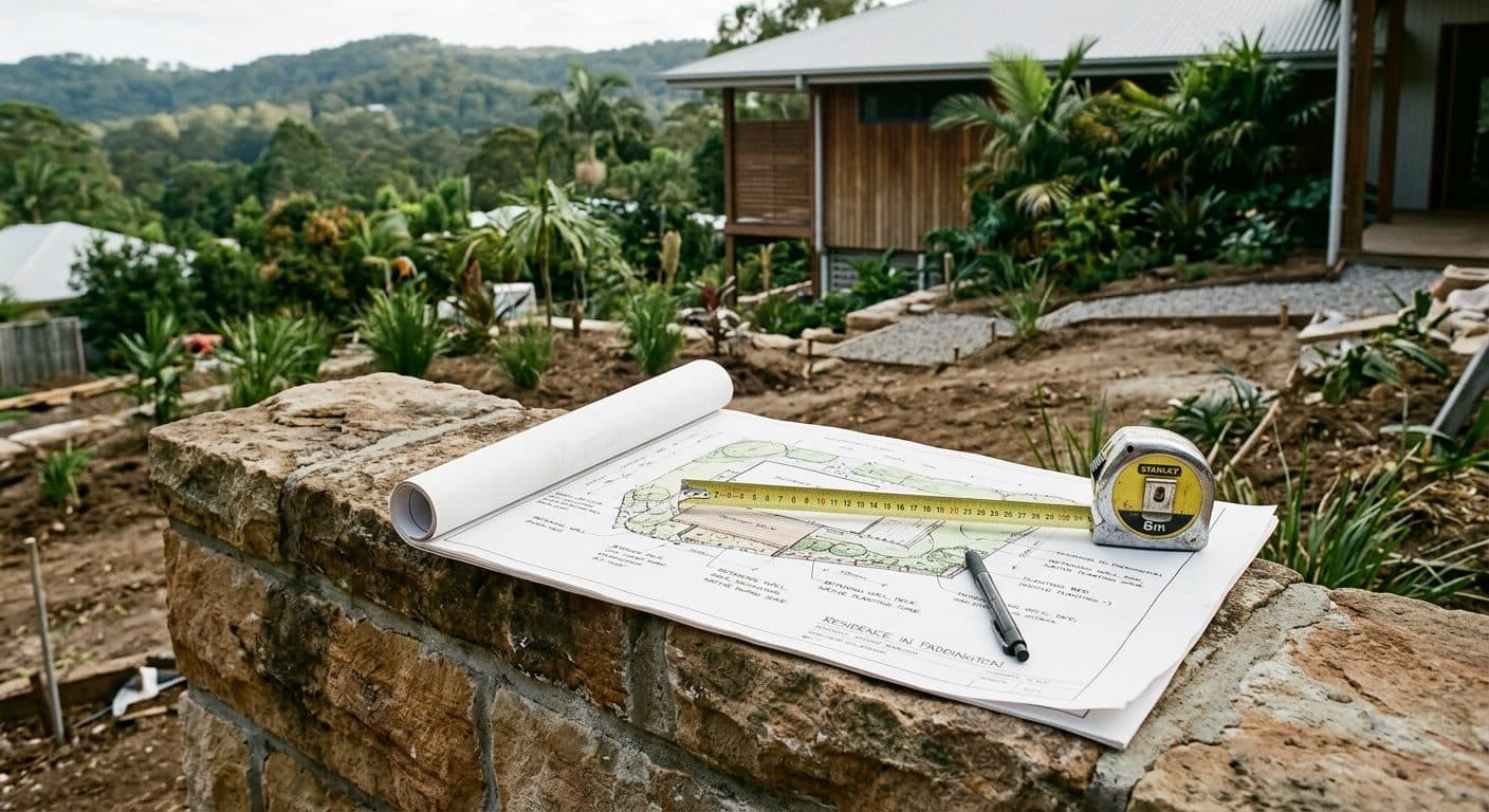 Landscape plans and a tape measure on a retaining wall at a Brisbane residential building site