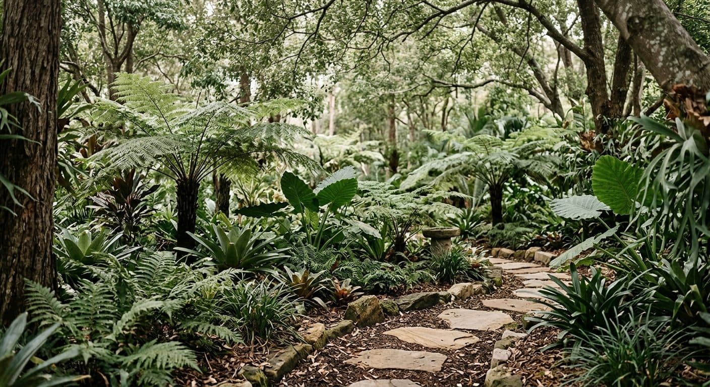 A layered Brisbane garden with a shade-tree canopy over tree ferns and broad-leaf foliage