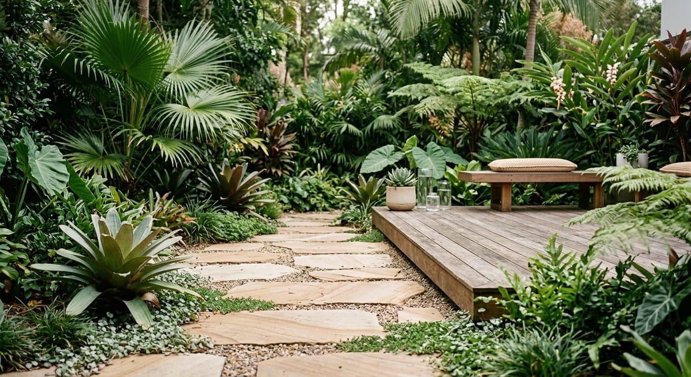 Warm sandstone paving and a timber deck framed by lush subtropical planting in a Brisbane garden