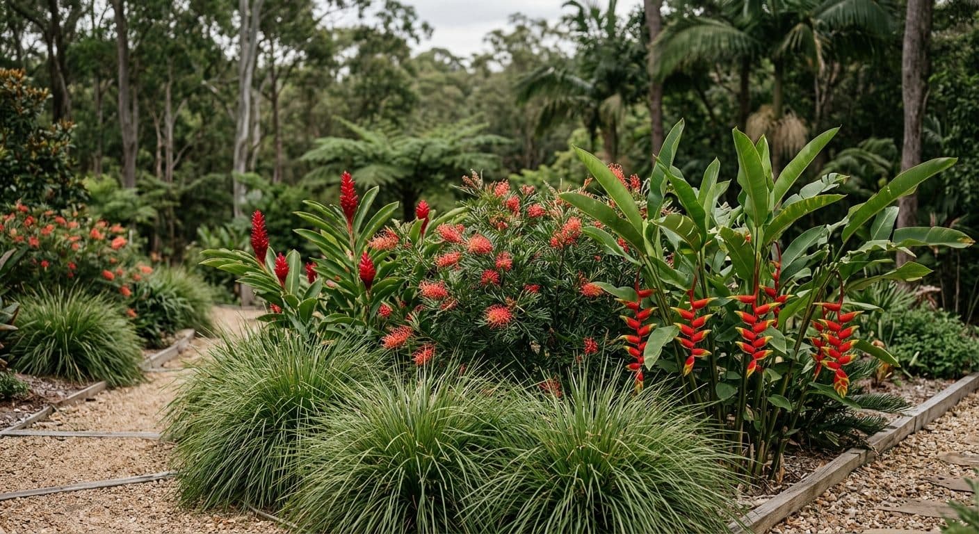 Bold gingers and heliconias accenting hardy lomandra and grevillea in a Brisbane garden