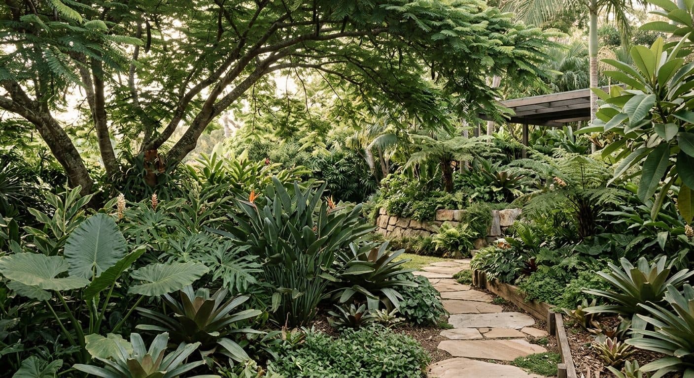 Lush layered subtropical garden with a shade tree canopy over broad-leafed foliage in Brisbane