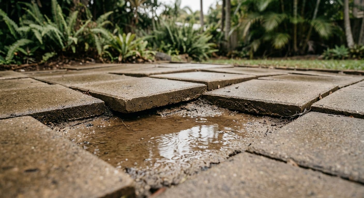 Ponding water and lifting pavers on a DIY patio where the levels and drainage were skipped underneath