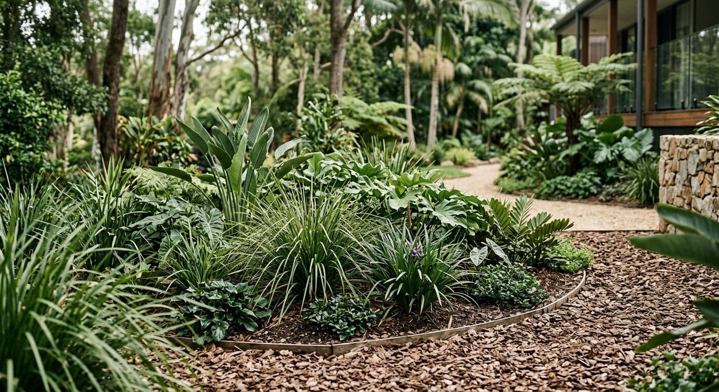 A resolved Brisbane garden bed of massed planting in improved soil under a thick blanket of coarse mulch