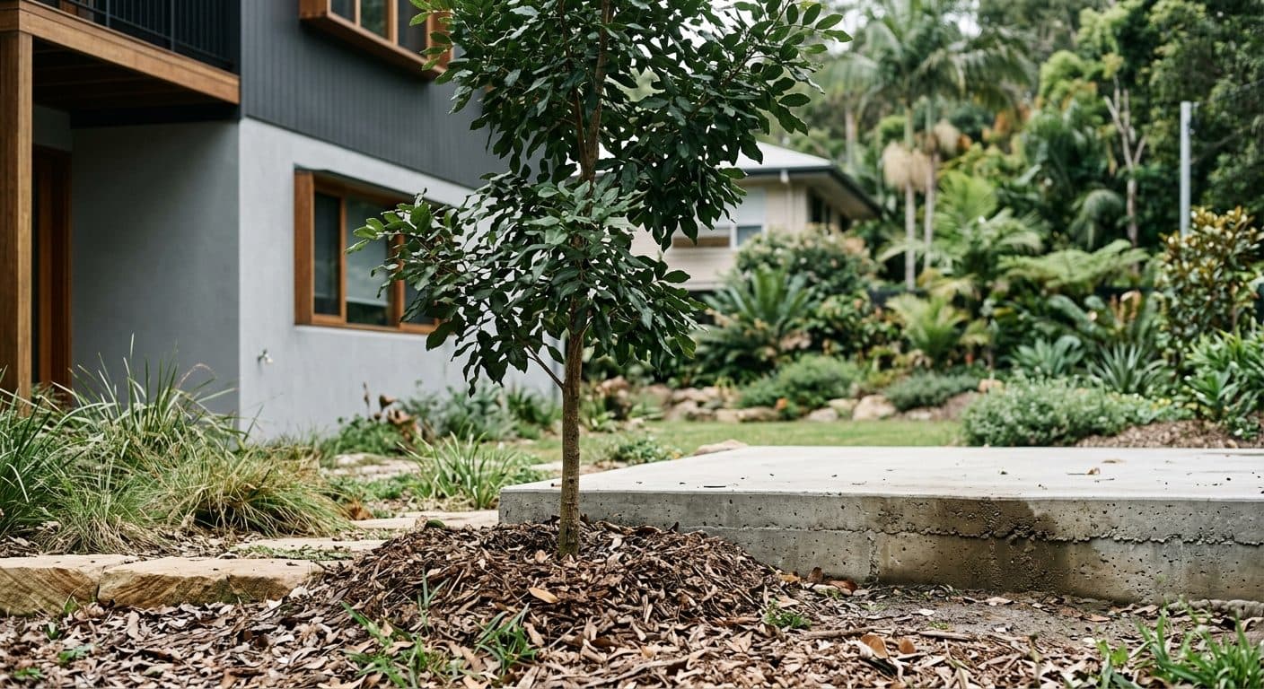 A young shade tree planted only a step from a Brisbane house slab, far too close for its mature size